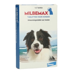 Milbemax Tabletten Hond Groot 2 tabl. van 5 tot 75kg doden rondwormen, haakwormen, zweepwormen en lintwormen. Tevens inzetbaar bij dragende en lacterende teven.