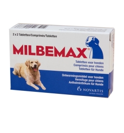 Milbemax Tabletten voor grote honden van 5 tot 75kg 4 tabletten doden rondwormen, haakwormen, zweepwormen en lintwormen. Tevens inzetbaar bij dragende en lacterende teven.