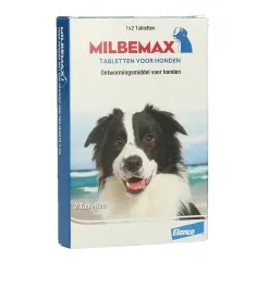 Milbemax Tabletten Hond Groot 2 tabl. van 5 tot 75kg doden rondwormen, haakwormen, zweepwormen en lintwormen. Tevens inzetbaar bij dragende en lacterende teven.