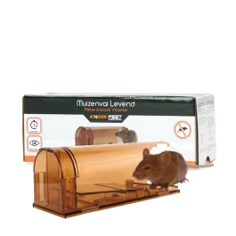 De Knock Pest Levende Muizenval vangt muizen op diervriendelijke wijze. De muis wordt niet gedood en kan buiten weer worden losgelaten.