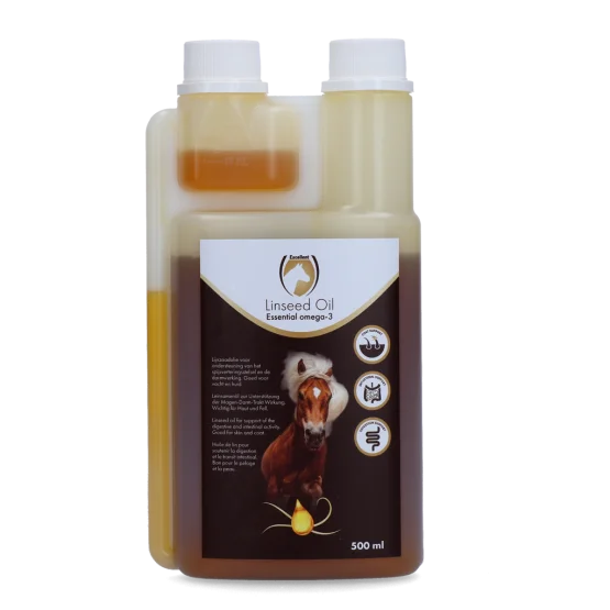 Linseed Oil ter ondersteuning van spijsverteringsstelsel en darmwerking van paarden. Lijnzaadolie in handige doseerflacon bevat een hoog gehalte aan omega-3 vetzuren.