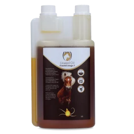 Linseed Oil ter ondersteuning van spijsverteringsstelsel en darmwerking van paarden. Lijnzaadolie bevat hoge gehalte aan omega-3 vetzuren in handige doseerflacon