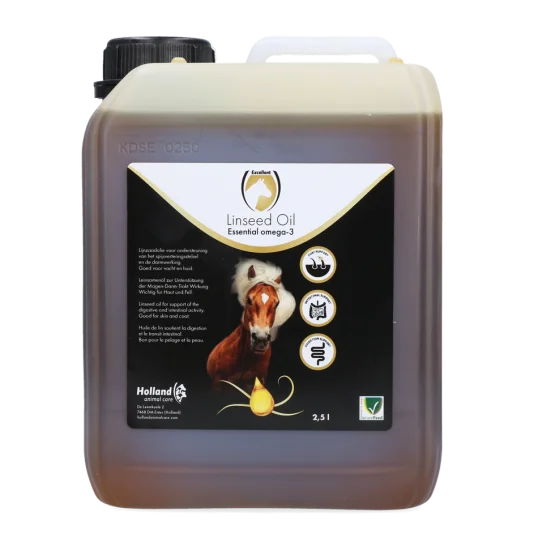 Linseed Oil ter ondersteuning van spijsverteringsstelsel en darmwerking van paarden. Lijnzaadolie in Jerrycan bevat een hoog gehalte aan omega-3 vetzuren.