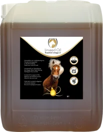 Linseed Oil ter ondersteuning van spijsverteringsstelsel en darmwerking van paarden. Lijnzaadolie bevat een hoog gehalte aan omega-3 vetzuren.